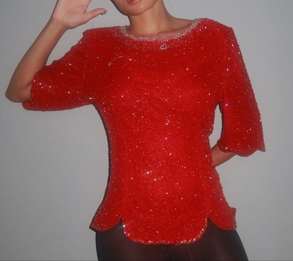 100% Pure Silk Red Sequin Beaded Evening Top